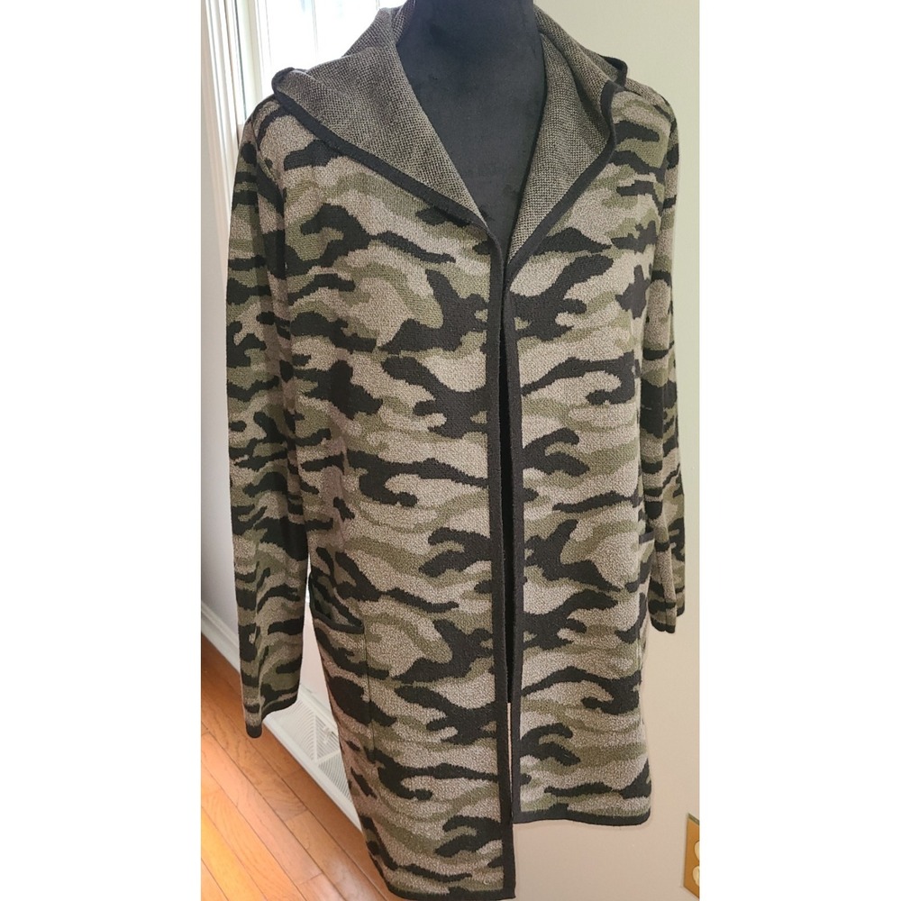 Rachel Zoe Hooded Camouflage Cardigan Sweater Womens M Boho Open Mid Length